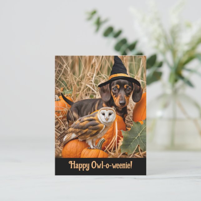 Halloween Cute Dachshund Pup Owl Holiday Postcard (Standing Front)