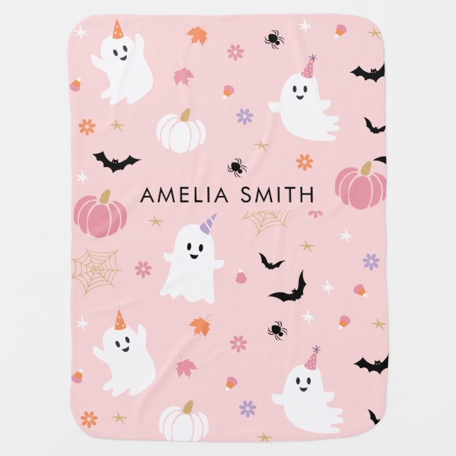 Halloween Cute Dusty Pink Ghost Baby Blanket (Front)