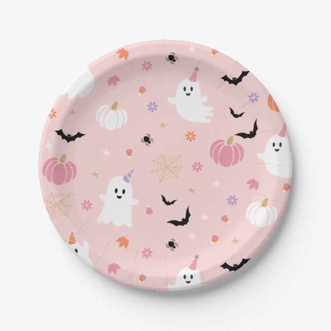 Halloween Cute Dusty Pink Ghost Paper Plates (Front)
