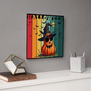Halloween cute funny pumpkin vintage fall autumn  square wall clock