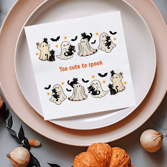 Halloween Cute Funny Spooky Ghost Cat - Fall Party Napkins (Halloween Cute Funny Spooky Ghost Cat - Fall Party Napkins on a dinner table with autumn decor.)