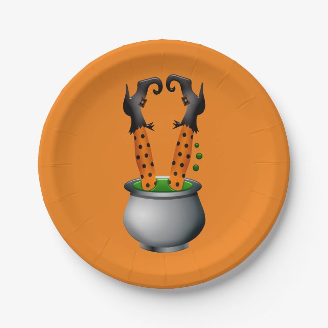 Halloween cute funny witch black and orange paper plates (Front)
