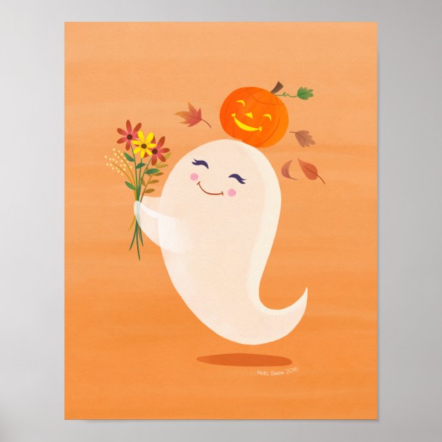 Halloween Cute Ghost and Flowers Art Print (Front)