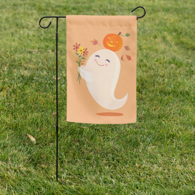Halloween Cute Ghost and Flowers Garden Flag (In SItu)