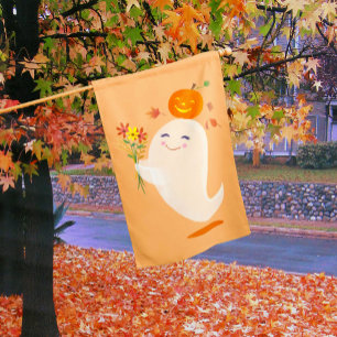 Halloween Cute Ghost and Flowers House Flag