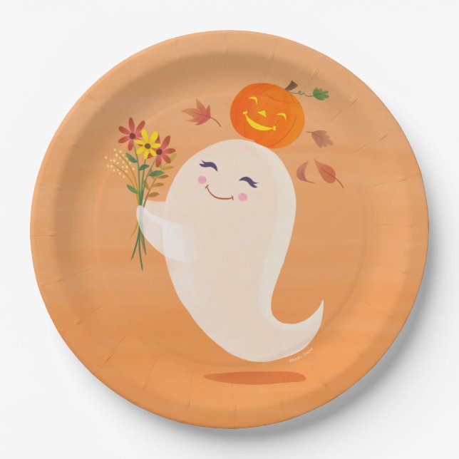 Halloween Cute Ghost and Flowers Paper Plates (Front)
