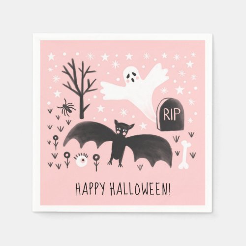 Halloween Cute Ghost Bat Black Pink Illustration Napkins