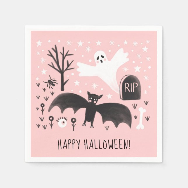 Halloween Cute Ghost Bat Black Pink Illustration Napkins (Front)