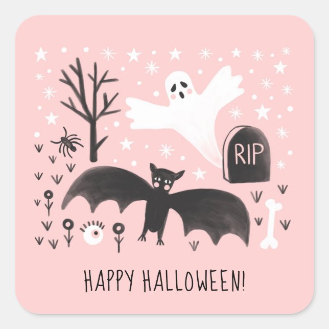 Halloween Cute Ghost Bat Black Pink Illustration Square Sticker (Front)