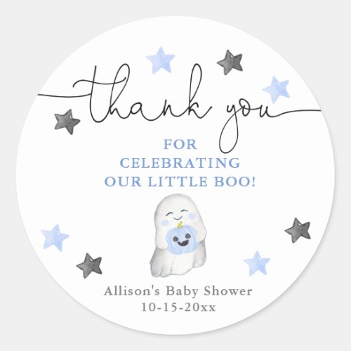 Halloween cute ghost blue white boy baby shower classic round sticker
