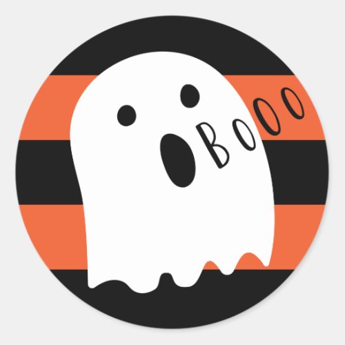 Halloween Cute Ghost Boo Orange and Black Stripe Classic Round Sticker