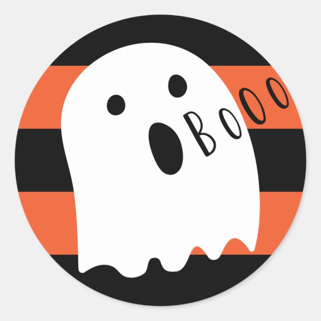 Halloween Cute Ghost Boo Orange and Black Stripe Classic Round Sticker (Front)