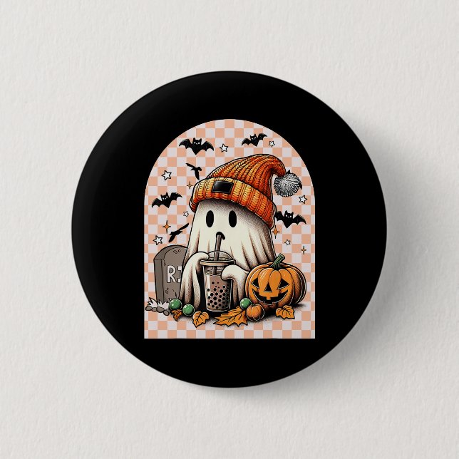 Halloween Cute Ghost Drinking Coffee Pumpkin Check Button (Front)