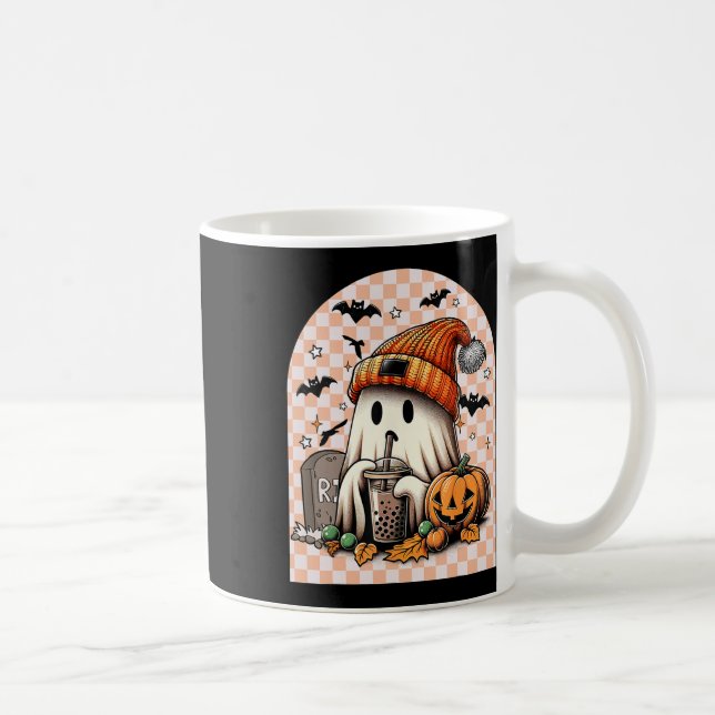 Halloween Cute Ghost Drinking Coffee Pumpkin Check Coffee Mug (Right)