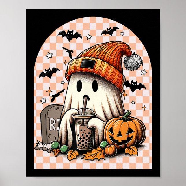 Halloween Cute Ghost Drinking Coffee Pumpkin Check Poster (Front)