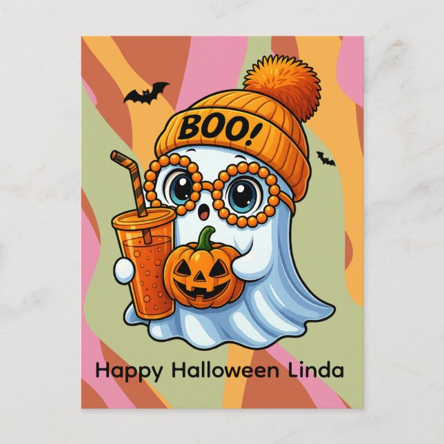 Halloween Cute Ghost Fall Pink Orange Postcard (Front)