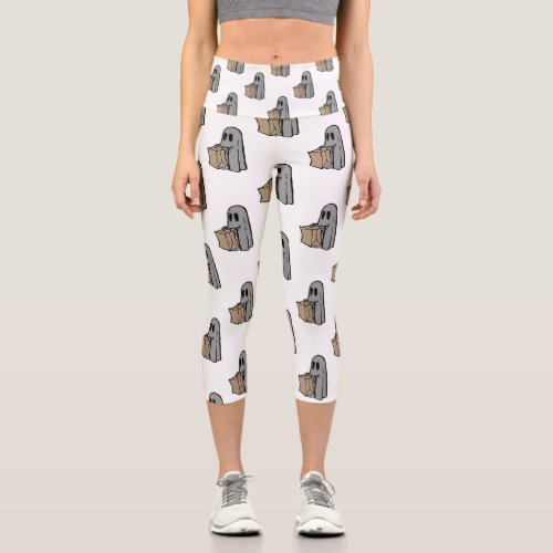 Halloween Cute Ghost Gray Trick Or Treat Boo Capri Leggings