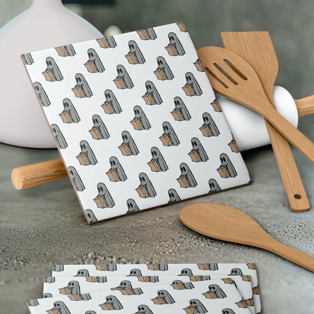 Halloween, Cute Ghost Gray, Trick Or Treat, Boo Ceramic Tile (Creator Uploaded)