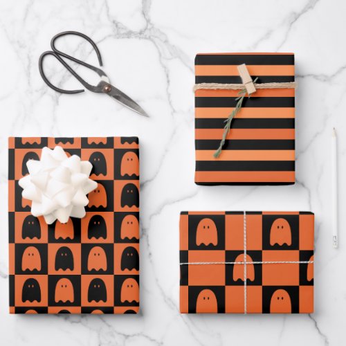 Halloween Cute Ghost Orange and Black Pattern Wrapping Paper Sheets