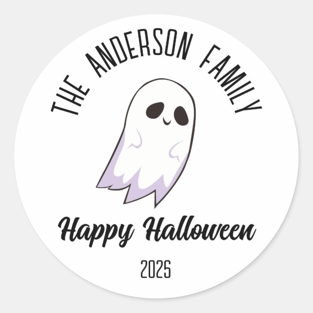 Halloween Cute Ghost Personalized Name Year Classic Round Sticker (Front)