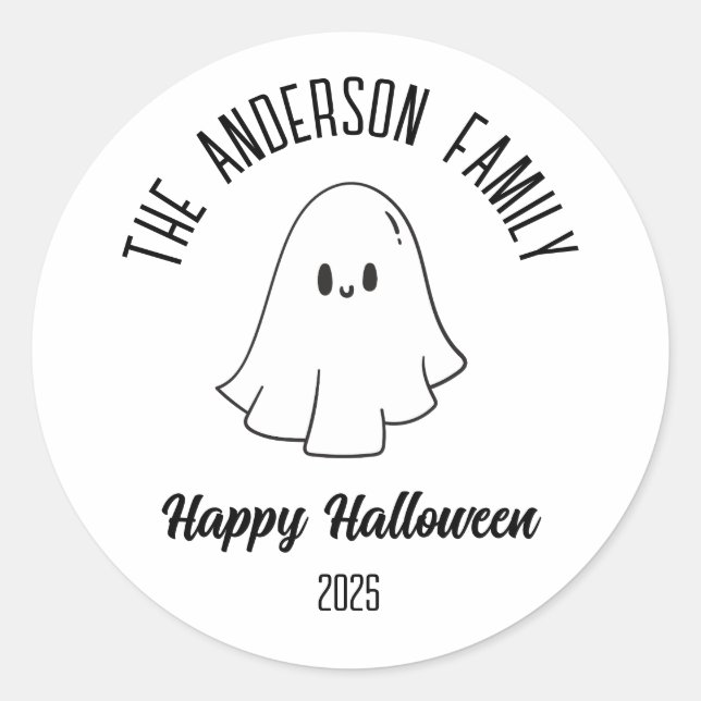 Halloween Cute Ghost Personalized Name Year Classic Round Sticker (Front)