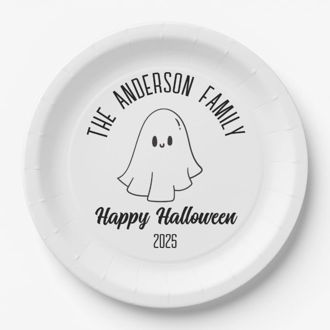 Halloween Cute Ghost Personalized Name Year Paper Plates (Front)