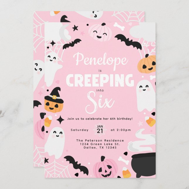 Halloween Cute Ghost Pumpkin 6th Birthday Party Invitation (Front/Back)