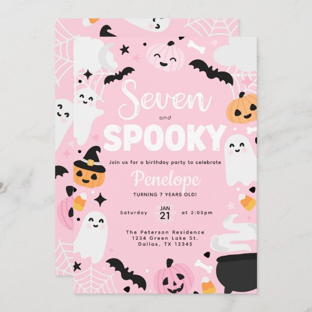 Halloween Cute Ghost Pumpkin 7th Birthday Party Invitation (Front/Back)