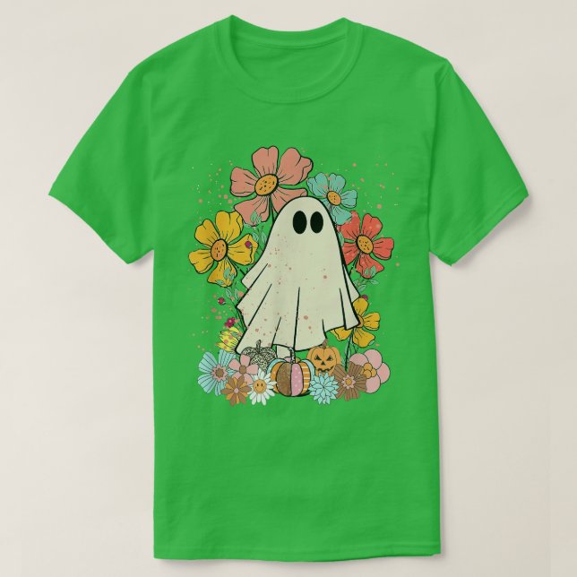 Halloween Cute Ghost With Beautiful Garden 374 T-Shirt (Design Front)