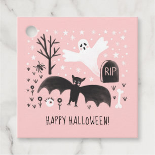 Halloween Cute Ghosts Bat Black Pink Illustration Favor Tags