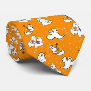 Halloween cute ghosts on orange background neck tie