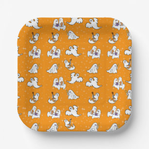 Halloween cute ghosts on orange background paper plates