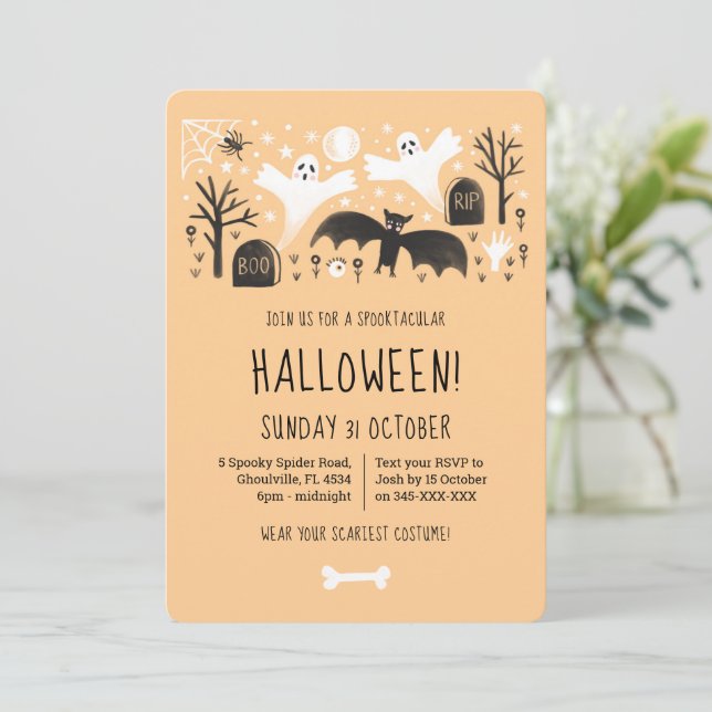Halloween Cute Ghosts Orange Black Illustration Invitation (Standing Front)