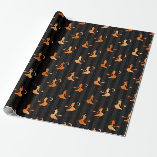 Halloween Cute Gold Orange Witch Pattern Wrapping Paper