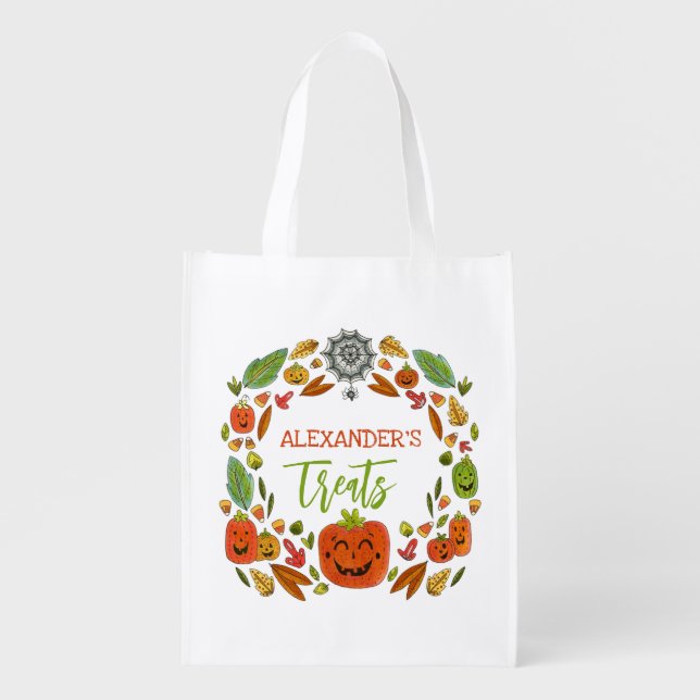 Halloween Cute Kids Name Trick or Treat Grocery Bag (Front)
