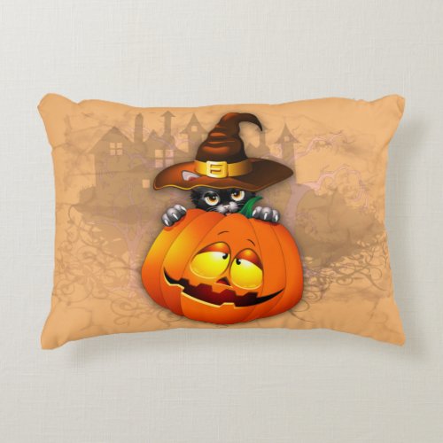Halloween Cute Kitty Witch and Pumpkin Friend  Accent Pillow