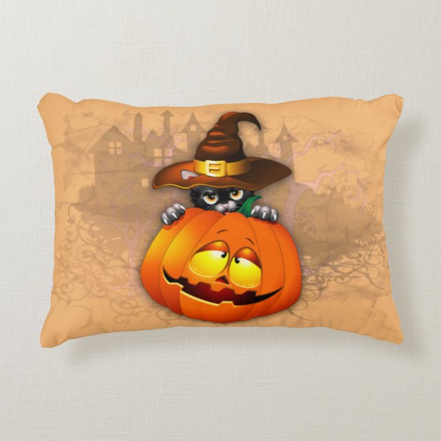 Halloween Cute Kitty Witch and Pumpkin Friend  Accent Pillow (Front)