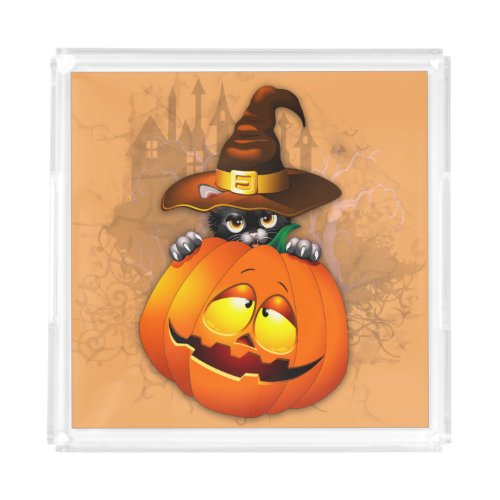 Halloween Cute Kitty Witch and Pumpkin Friend  Acrylic Tray