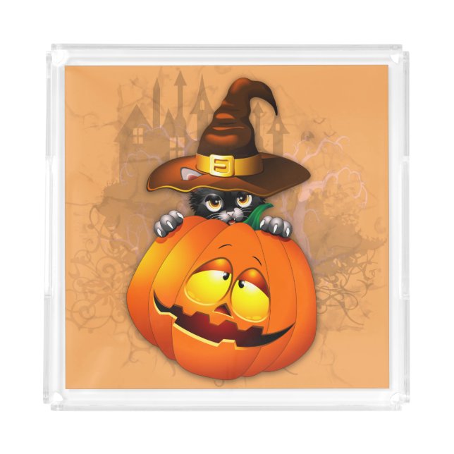 Halloween Cute Kitty Witch and Pumpkin Friend  Acrylic Tray (Front)