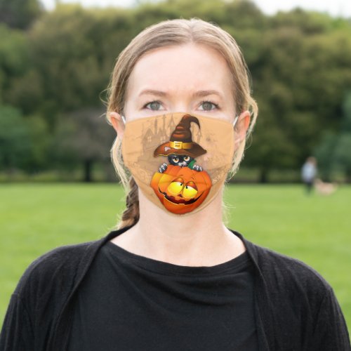 Halloween Cute Kitty Witch and Pumpkin Friend  Adult Cloth Face Mask