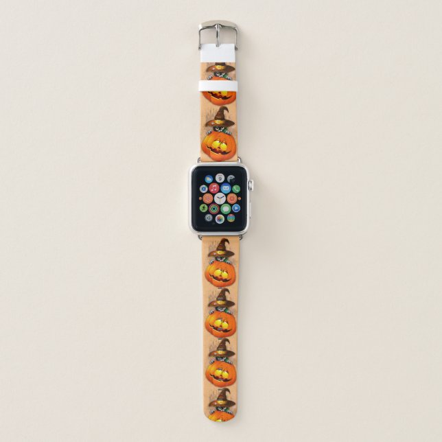 Halloween Cute Kitty Witch and Pumpkin Friend  Apple Watch Band (Front)