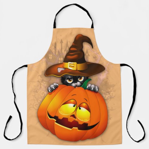 Halloween Cute Kitty Witch and Pumpkin Friend  Apron