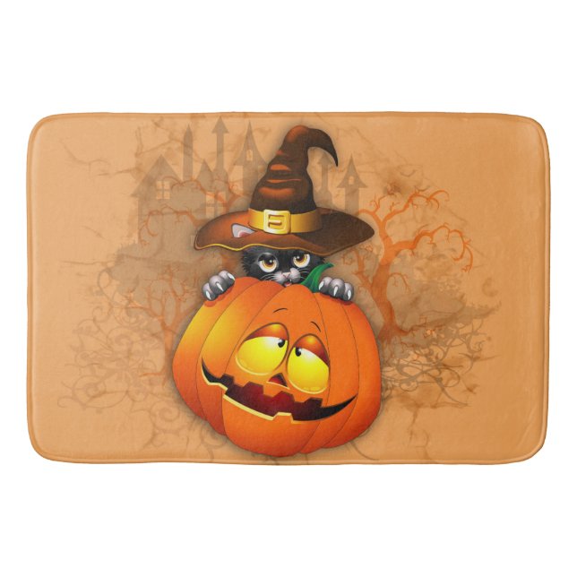 Halloween Cute Kitty Witch and Pumpkin Friend  Bath Mat (Front)