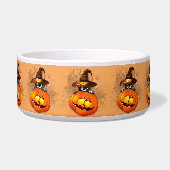 Halloween Cute Kitty Witch and Pumpkin Friend  Bowl (Front)