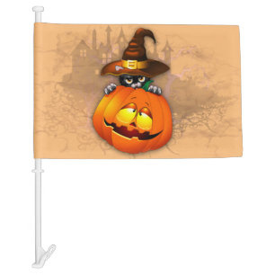 Halloween Cute Kitty Witch and Pumpkin Friend Car Flag