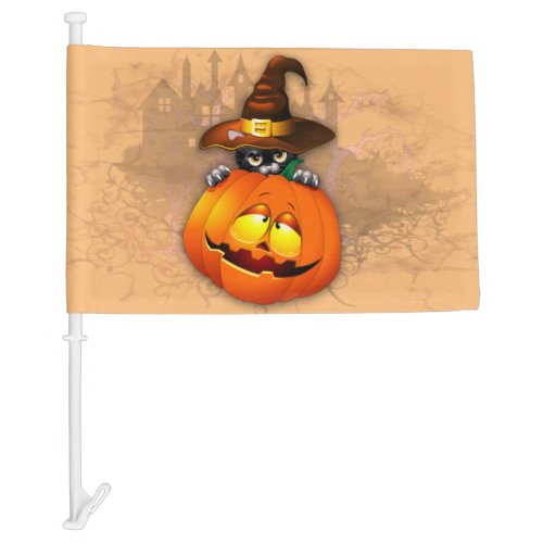 Halloween Cute Kitty Witch and Pumpkin Friend  Car Flag