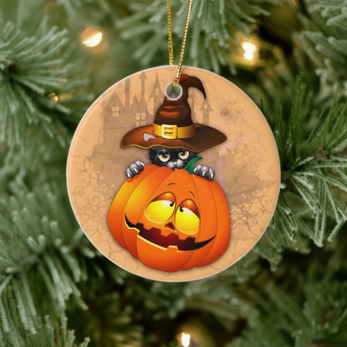 Halloween Cute Kitty Witch and Pumpkin Friend  Ceramic Ornament