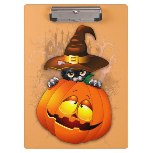 Halloween Cute Kitty Witch and Pumpkin Friend  Clipboard