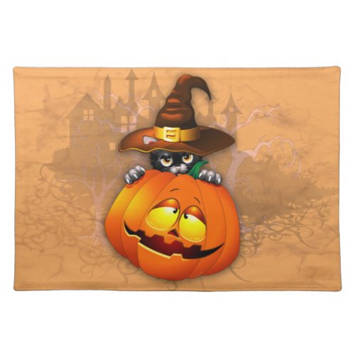Halloween Cute Kitty Witch and Pumpkin Friend  Cloth Placemat