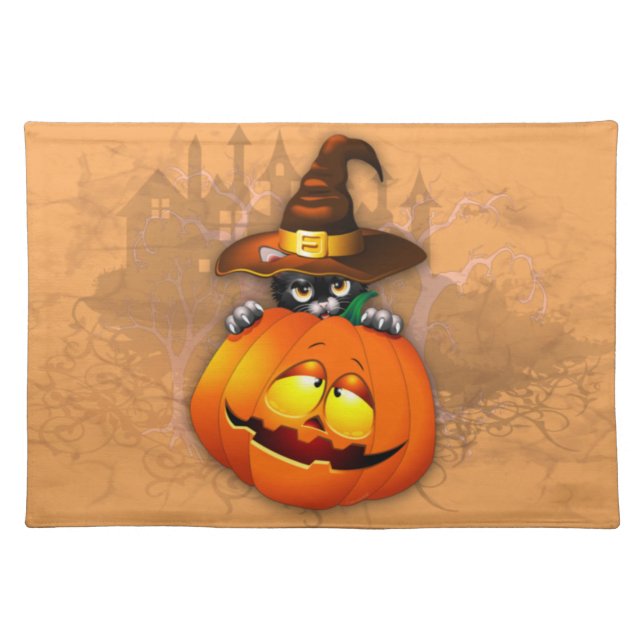 Halloween Cute Kitty Witch and Pumpkin Friend  Cloth Placemat (Front)